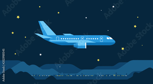 Fotografi Blue airplane flying through starry night.