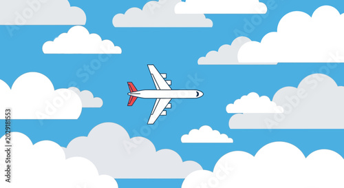 Bild auf Leinwand Airplane flying through blue sky clouds.