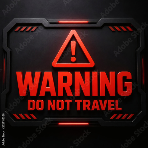 3d red warning do not travel sign on dark background bold caution message futuristic minimalist graphic design urgent safety concept high quality for travel ban alerts