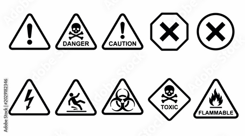 Industrial safety warning icons set, 10 hazard symbols vector collection, black and white danger signs for workplace security and caution labels