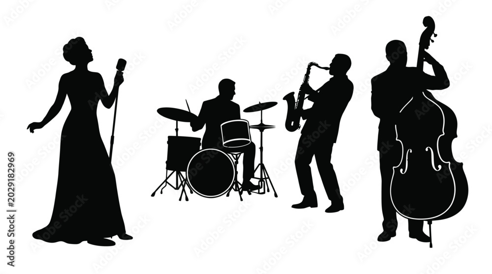 Fototapeta premium Silhouette of a talented musical band performing jazz music on stage in this artistic photograph