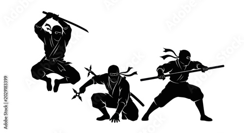 Cuadro en lienzo Ninja Warriors Silhouette - Dynamic Poses with Swords and Shurikens