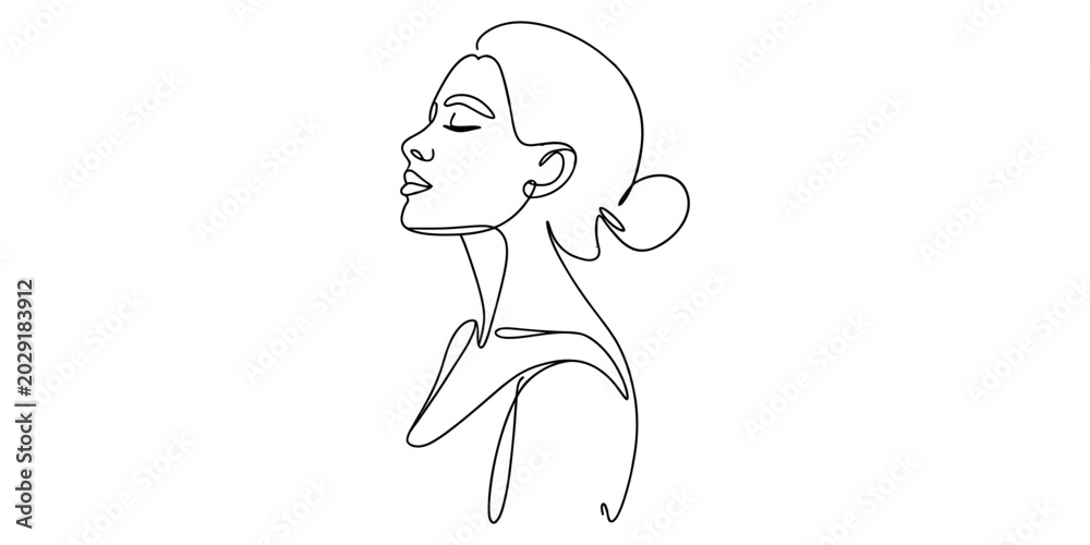 Obraz premium Minimalist continuous line art drawing of a beautiful woman with a hair bun in profile view creating a simple and elegant artistic portrait design