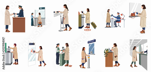 Flat vector illustration set showing a woman traveler navigating airport procedures, including passport control, check-in, and security gates.