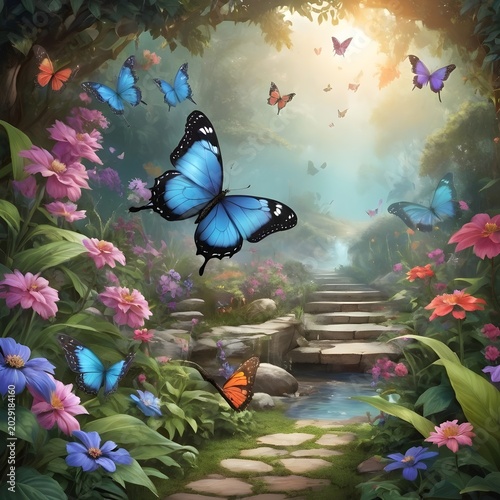 Enchanting Garden Path with Flowers and Butterflies