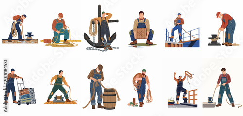 Foto Collection of maritime workers and sailors in overalls performing various nautical tasks like handling ropes, anchors, and cargo at a port or ship