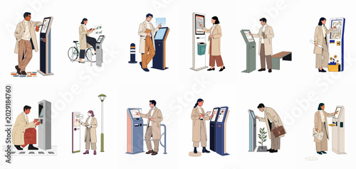 Collection of diverse urban residents interacting with interactive digital kiosks and smart city information terminals in a flat illustration style.