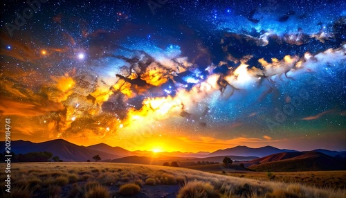 A vibrant cosmic landscape with mountains, grassland, and a glowing sunset blended with stars