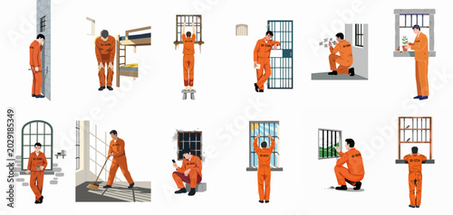 Obraz na płótnie Set of vector illustrations depicting various scenes from a prisoner's life in a correctional facility, showing emotions of sadness, hope, and daily routines