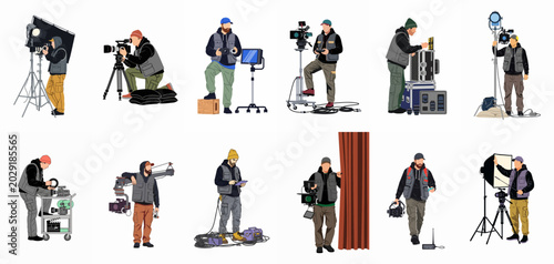 Foto Set of Film Crew Illustrations Featuring Professional Cinematographers, Gaffers,