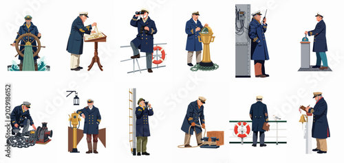 Konstfotografi A collection of detailed illustrations showing a sea captain performing various maritime duties, including steering, navigating, and communicating on a ship