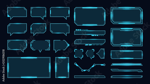 Glowing blue speech bubbles and text boxes arranged on a dark background.