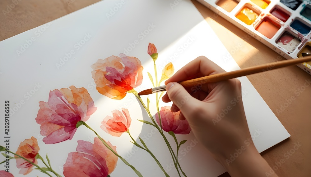 Fototapeta premium Watercolor floral painting with delicate pink orange red blossoms thin green stems translucent petals creative art process and daylight scene