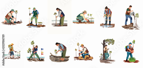 Tableau sur toile Illustration collection of diverse people actively planting, monitoring, and caring for mangrove seedlings in coastal wetland restoration projects
