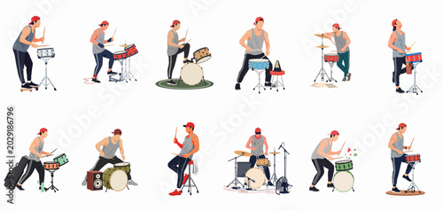 Konstfotografi Comprehensive collection of flat vector illustrations featuring a male drummer i