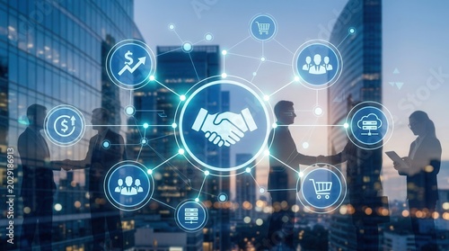 Modern urban background with digital icons symbolizing financial services and business partnership networking.