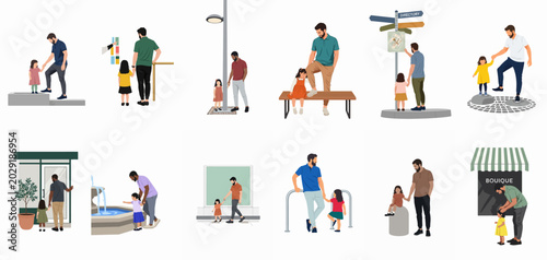 Obraz na płótnie Vector illustration set of a father and his young daughter exploring various urban settings and bonding during a day out in the city