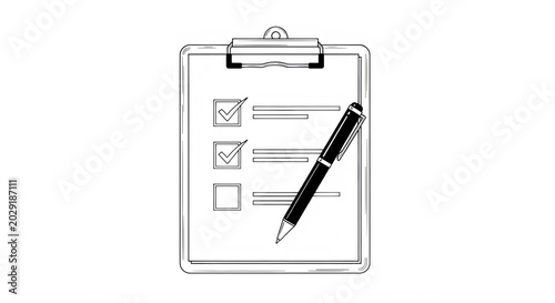 A clipboard with a checklist and a pen ready for use isolated on transparent background