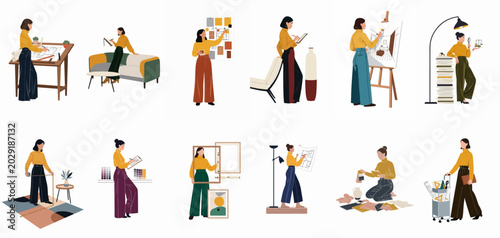 Flat vector illustration set of a professional female interior designer and architect working on various home decor, planning, and creative design projects.