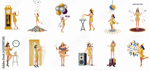 Canvas Print Set of diverse women celebrating New Year's Eve in glamorous gold dresses, featuring themes like countdown, champagne, balloons, and disco balls