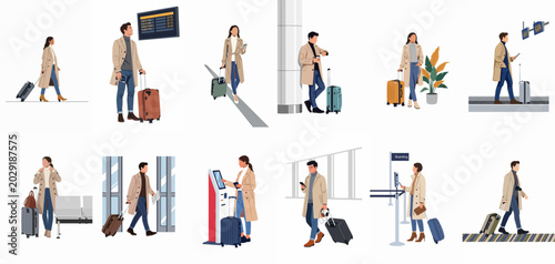 Collection of flat vector illustrations featuring men and women traveling through an airport with suitcases, wearing stylish trench coats and casual clothes.