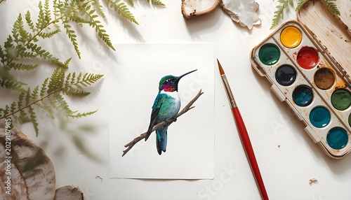 Watercolor painting of hummingbird perched on branch with vibrant colors surrounded by natural elements and artistic palette workspace