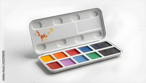 Open watercolor paint set with twelve rectangular pans in vibrant colors and mixing wells on lid for artistic creative expression