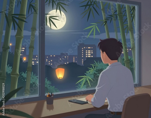 Man writing at desk by window under full moon surrounded by bamboo trees night cityscape lanterns
