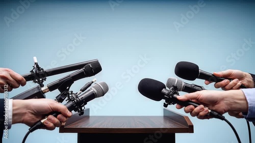 Journalists Hands Holding Microphones at Press Conference Podium