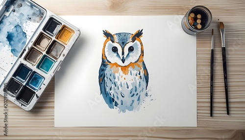 Watercolor painting of owl with detailed feathers in blue orange and brown tones placed on paper with brushes and artistic palette