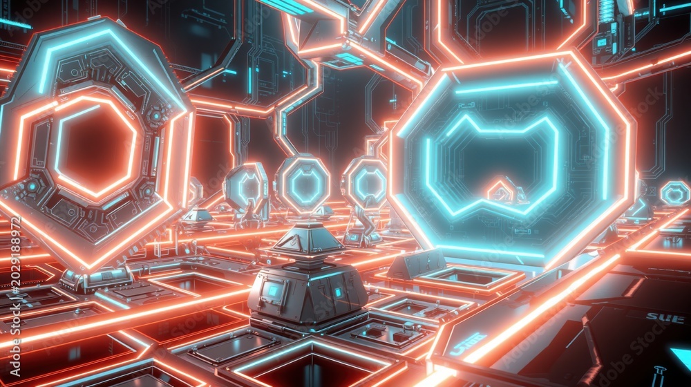 Fototapeta premium Futuristic digital landscape. Glowing neon lines form hexagonal structures, creating immersive tunnel perspective. Dark background emphasizes bright illumination.