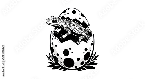 Canvas-taulu Baby Lizard Hatching From Speckled Egg, Black and White Illustration