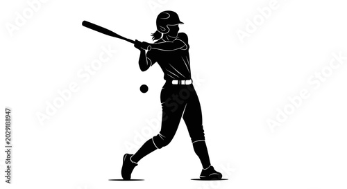Tableau sur toile Silhouette of a woman playing softball, swinging a bat at a ball
