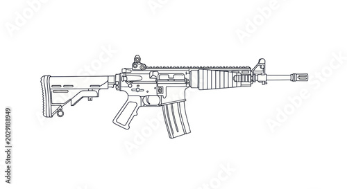 Fotografie Assault Rifle Line Art Vector Illustration on White Background