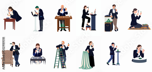 Tableau sur toile Collection of professional jewelry appraisers and gemstone experts examining precious emeralds with magnifying glasses, diverse flat vector characters in various settings