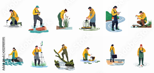 Bild auf Leinwand Flat vector illustrations of environmental scientists and hydrologists conducting water quality tests, field research, and ecological monitoring in various aquatic environments