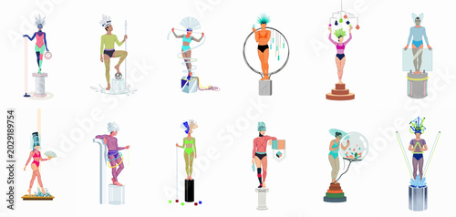 Cuadro en lienzo A collection of diverse characters in avant-garde, conceptual fashion outfits and theatrical costumes standing on various pedestals, isolated on white
