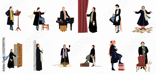 Set of flat vector illustrations depicting various female opera singers performing, rehearsing, and preparing for a show on a white background.