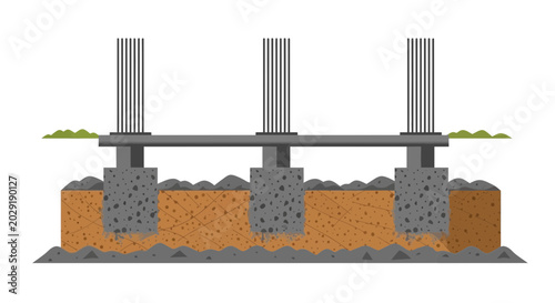 Vászonkép Foundation Pillars Construction Diagram: Concrete Footings, Rebar, and Soil Laye