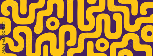 Obraz na plátne A vibrant, modern abstract pattern featuring continuous, flowing yellow organic lines and circular shapes set against a deep purple background