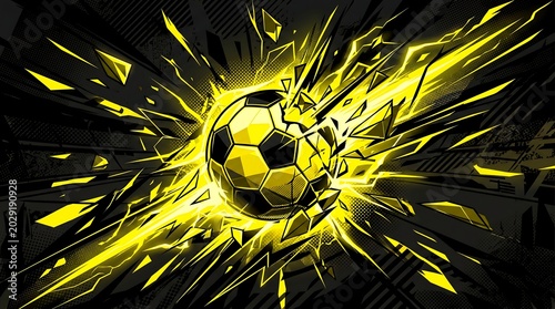 Soccer ball exploding with bright yellow energy and sharp shards on black background