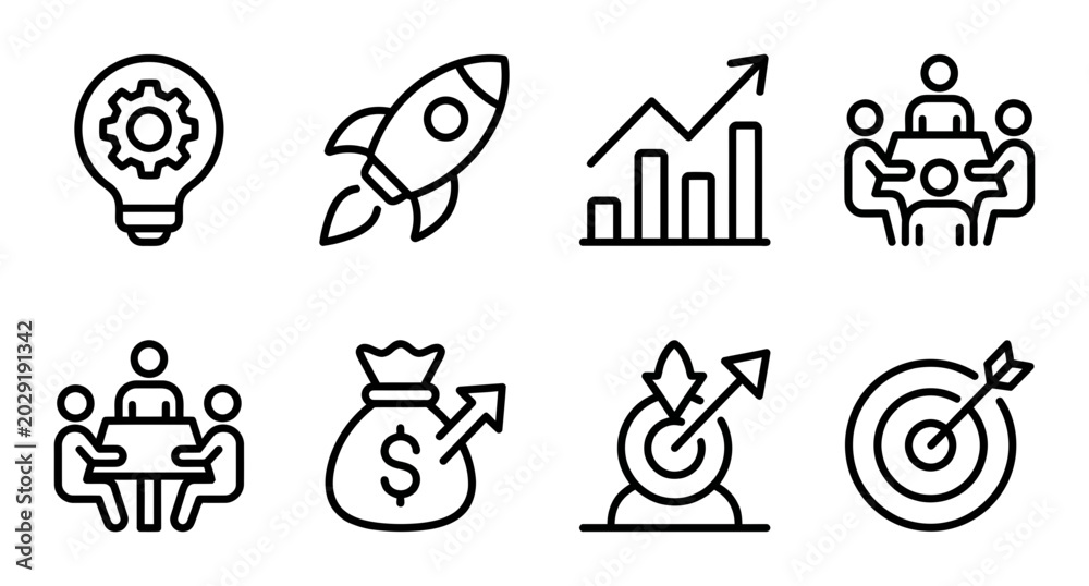 Fototapeta premium Business Startup Icons Set: Idea, Rocket Launch, Growth Chart, Teamwork, Money Bag, Target, Strategy