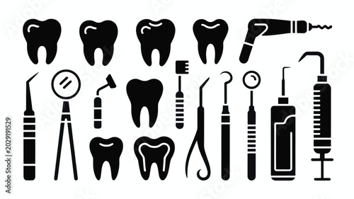 Tableau sur toile Set of 18 Black Dental Tools and Teeth Vector Icons