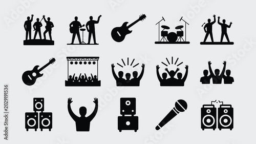 Tableau sur toile Set of 15 Black Music Concert and Event Icons Vector