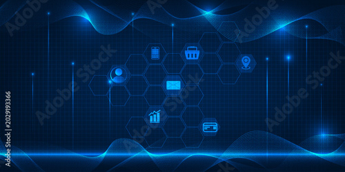 Vector illustrations of AI marketing power for technology background with wave mesh wiring online business icons.