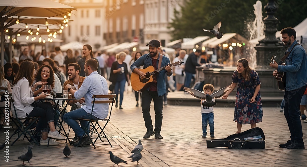 Obraz premium Street performers playing music in a vibrant European city square at sunset.