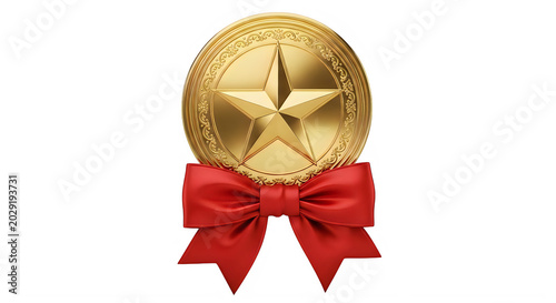 A golden trophy with a red ribbon bow on top, symbolizing achievement and victory. isolated on transparent background