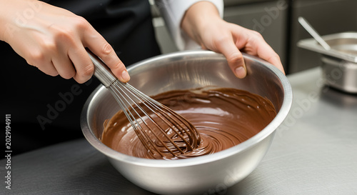 Chef Mixing Chocolate Batter with Whisk in Kitchen, Baking and Dessert Preparation Concept