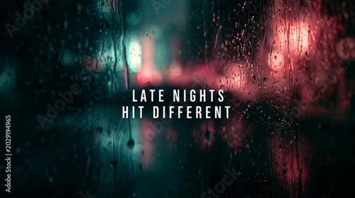 Rain droplets slide down glass as a blurred neon city glows behind. Elegant centered typography reading “LATE NIGHTS HIT DIFFERENT” creates a moody cinematic atmosphere.