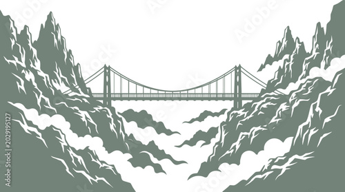 Принти на полотні Bridge silhouette appearing above a layer of mountain clouds and mist